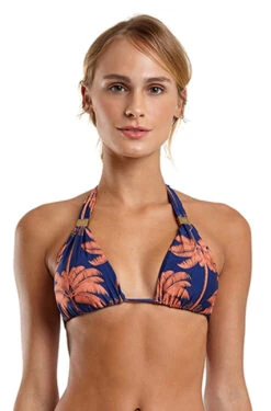 Navy & Copper Halter Top In Palm Trees - Top Boreal Double Acai
