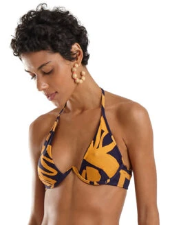 Navy & Gold Print V-underwired Triangle Top - Top Fox Bold Leafs