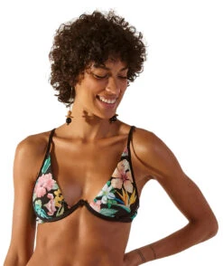 Black Underwired Triangle Top In Tropical Flowers - Top Fox Hawai
