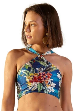 Floral Blue High-neck Crop Top - Top Ilhos Arta