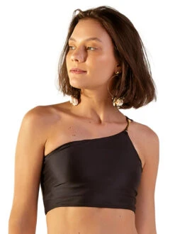 Asymmetric Black Crop Top With Golden Details - Top Nix Preto