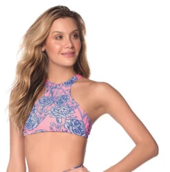 Pink And Blue High Neckline Crop Top With Flowers - Top Carnation Luau American