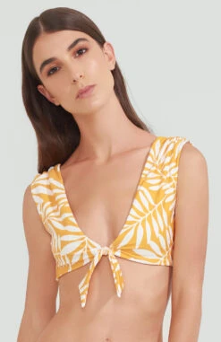 Yellow Front-tied Bra Bikini Top In Foliage - Top Mango Jungle Double Face