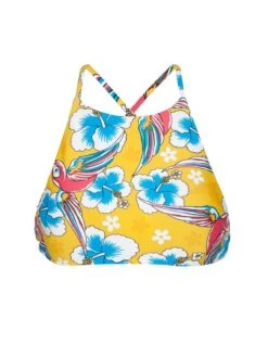 Yellow Printed Swimsuit Crop Top, Cross-over Back - Soutien Canarinho Sporty