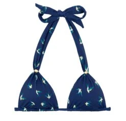 Navy Blue Halter Bikini Top With Birds Motive - Top Seabird Cortinao