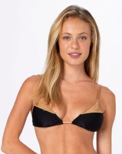 Black & Gold Triangle Bikini Top With Topstitching - Top Lacinho Eos