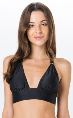 Black Halter Bikini Top With Golden Details - Top Miracle Liso