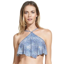 Blue Striped Flounce Crop Bikini Top - Soutien Lazel Flotter